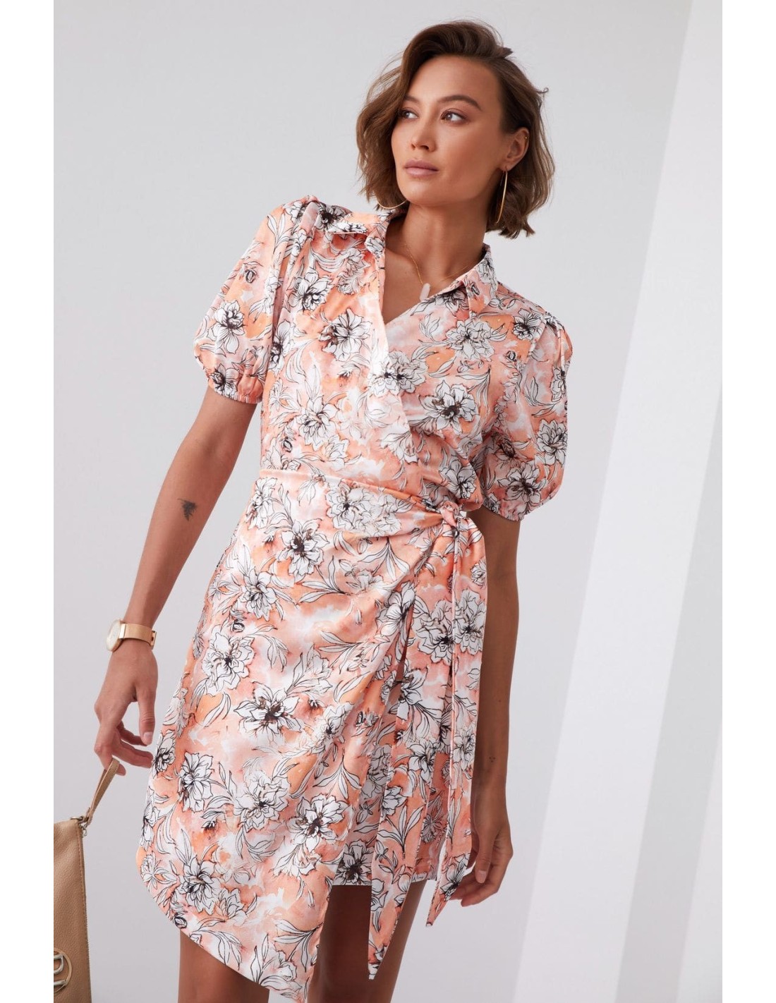 Floral print wrap dress with collar, light orange FG638 - Online store - Boutique